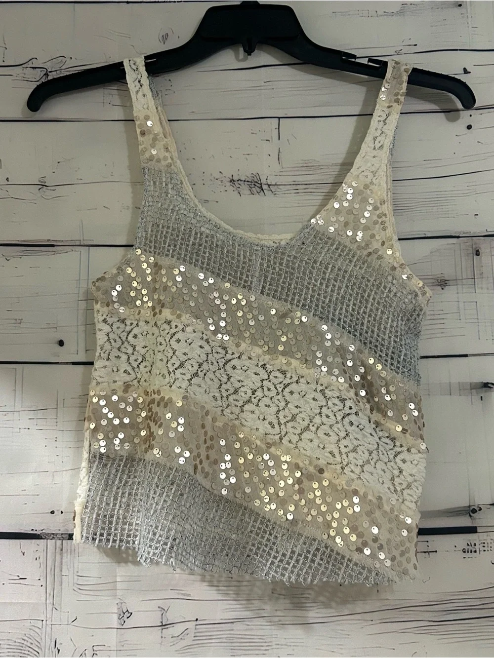 Free People Women's Sleeveless Gold Sequined Sheer Lace Top Size S Small